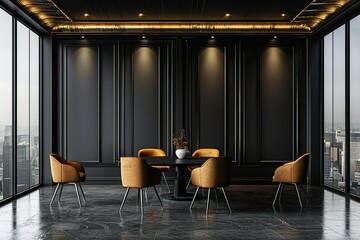 Sticker - A black room with a table and chairs