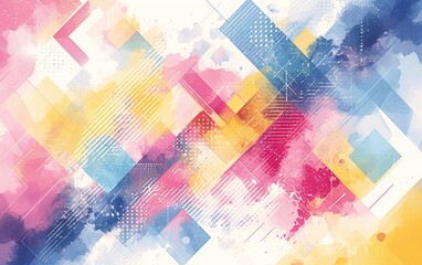 Wall Mural - Abstract watercolor background with geometric shapes in shades of pink, blue, and yellow.