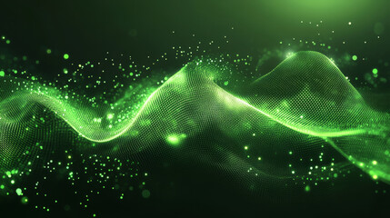 Futuristic abstract background with green glowing wave lines composed of dots and shining particles. Features magical energy and neon effects in sunbeams.