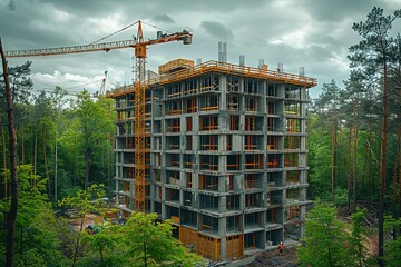 A large building under construction with a crane in the background