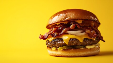 Sticker - A cheeseburger with bacon and onion on a yellow background.