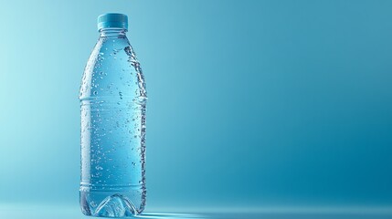 Wall Mural - A plastic bottle of water with condensation droplets stands against a vibrant blue backdrop.