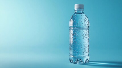 Wall Mural - A plastic water bottle with condensation on a blue background.