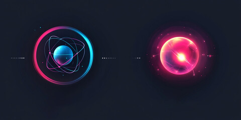 Wall Mural - Two glowing orbs on a dark background, one with a blue core and a pink ring, the other a vibrant pink.