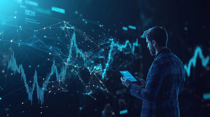 Stock market concept featuring a growth chart and a businessman holding a tablet. The design showcases a global business theme with an abstract diagram highlighted by an upward arrow. The illustration