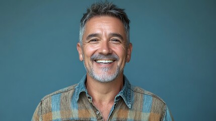 Canvas Print - A middle-aged man with grey hair and a beard smiles happily.