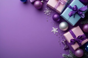 Convey your best wishes with this delightful gift arrangement. Top view of beautiful presents, celebratory balls, sparkling sequins, snowflakes on purple backdrop, designed for your personal message