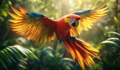 Wall Mural - Majestic Scarlet Macaw Mid-flight in Lush Sunlit Jungle