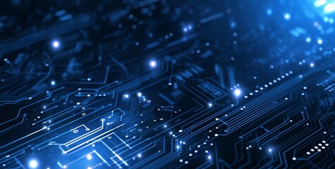 Wall Mural - Abstract image of a circuit board with glowing blue lights. The intricate pattern of lines and dots creates a sense of complexity and innovation.