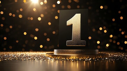 Canvas Print - A gold number one on a podium with golden confetti.