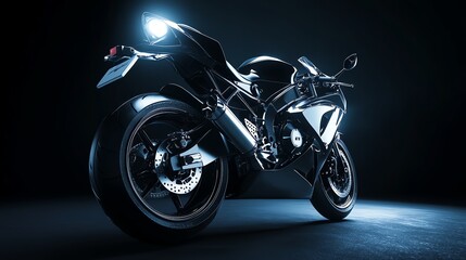 Wall Mural - A black motorcycle with blue lighting.