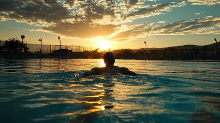 Wall Mural - A person swims in a pool at sunset.