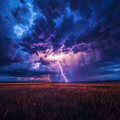 Wall Mural - dramatic thunderstorm scene, the sky alive with electrical energy, lightning bolts striking with for