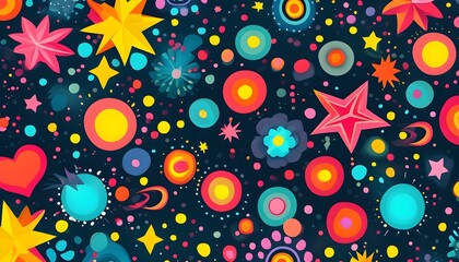 Playful vibrant abstract pattern featuring colorful stars, dots, and shapes on a dark backdrop