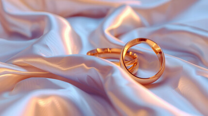 Wall Mural - Elegant gold rings on white cloth, symbolizing love and partnership. AI generative