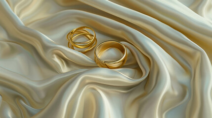 Wall Mural - Shiny gold rings placed on white cloth symbolizing love and union. AI generative