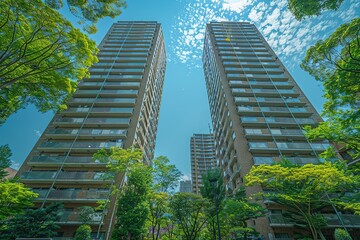 Two tall buildings with a clear blue sky in the background