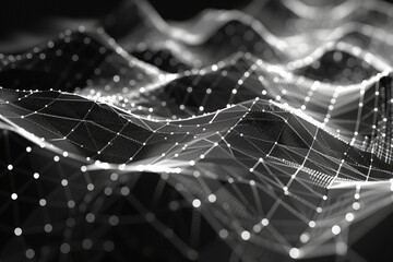 Wall Mural - Abstract digital landscape with a white glowing grid pattern over a black background.