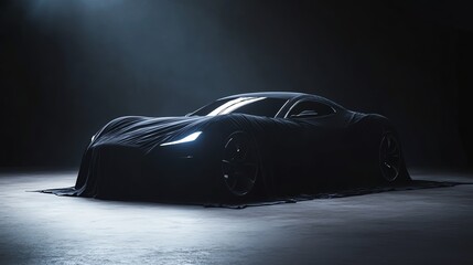 Poster - A sleek black car is covered in a black sheet under a spotlight in a dark space.