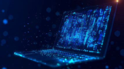 Wall Mural - abstract programming code icon displayed on a laptop screen, designed in a light blue low poly futur