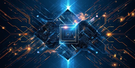 Wall Mural - Abstract digital circuit board with glowing lights and lines.