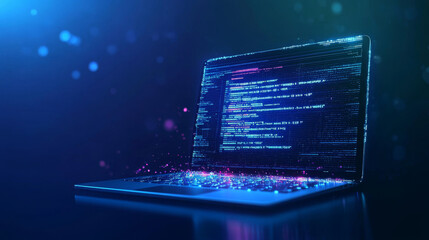 Wall Mural - abstract programming code icon displayed on a laptop screen, designed in a light blue low poly futur