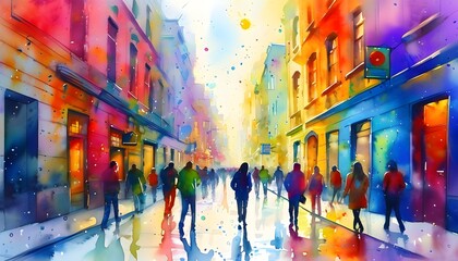 Wall Mural - Dynamic cityscape with silhouettes of pedestrians amidst colorful watercolor splashes and urban architecture backdrop