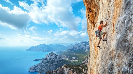 Wall Mural - A rock climber scales a cliff face with a view of the ocean and mountains in the background.