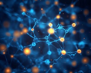Wall Mural - Abstract image of a network of interconnected nodes with a blue background and glowing orange highlights.
