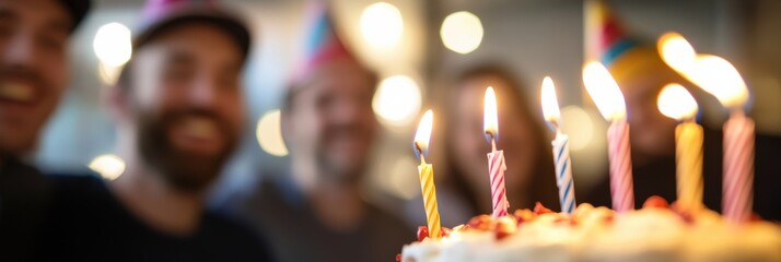 A joyful birthday celebration features a cake with lit candles in focus, surrounded by party hats and blurred guests, highlighting the essence of happiness and festivity.