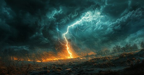 Wall Mural - environmental storm scene with lightning illuminating the sky, the landscape bathed in a dangerous g