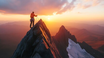 Sticker - A hiker stands at the top of a mountain range during a sunset.