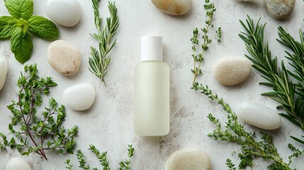 White bottle with natural ingredients on a white background.