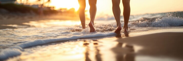 Wall Mural - Two individuals walking barefoot along the shoreline at sunset, with gentle waves washing over the sand and a warm glow illuminating the scene.