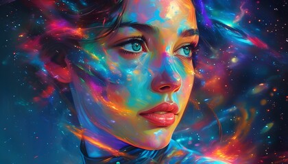 Sticker - Galactic Woman: Ethereal Portrait with Vibrant Colors and Mesmerizing Cosmic Details