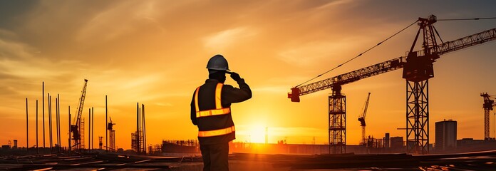 Construction worker surveying a site at sunset with cranes.