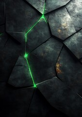 Wall Mural - Dark, cracked surface with glowing green lines and textures.