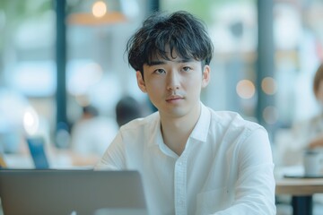 A young Japanese man in his early to mid-20s is sitting at an office desk, focused on typing on the laptop screen.