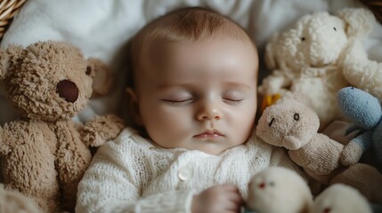 Wall Mural - A newborn baby sleeps soundly wrapped in a soft blanket in a wicker basket.