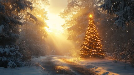 A magical Christmas tree stands illuminated in a snowy forest at sunrise.