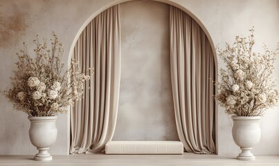 A minimalist  archway with white, textured walls and beige curtains,  flanked by two urns filled with dried flowers, and a white, cushioned platform.