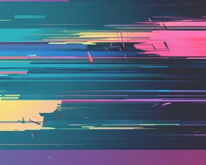 Wall Mural - Abstract digital art with glitch effect in a vibrant teal, blue, yellow, and pink color scheme.