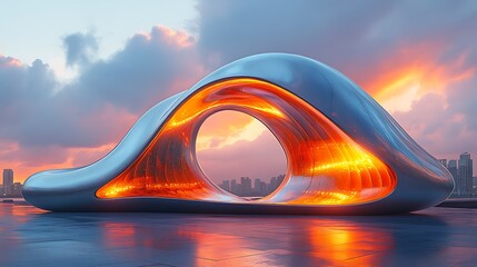 Wall Mural - Futuristic architectural structure with glowing interior at sunset.