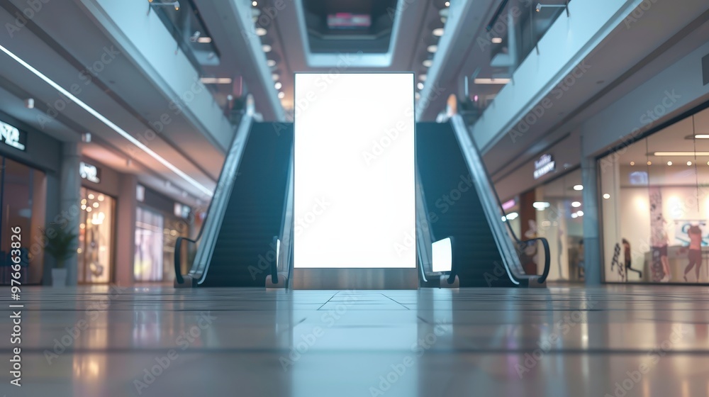 blank showcase billboard with escalator in department store Stock Photo ...