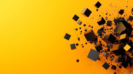 Wall Mural - Abstract image of black cubes exploding against a yellow background.