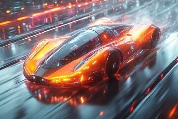 Wall Mural - Futuristic orange sports car racing through a neon-lit environment.