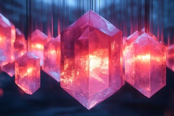 Wall Mural - Glowing pink crystals suspended in a dark, atmospheric setting.