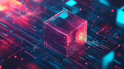 Big data storage technology featuring an abstract data cube background. Modern technology banner showcasing information servers and data science algorithms in vector illustration.