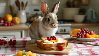 Playful bunny toast art adorned with colorful fruit on a whimsical kitchen table setting