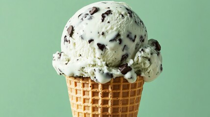 Sticker - A scoop of mint chocolate chip ice cream in a waffle cone on a green background.